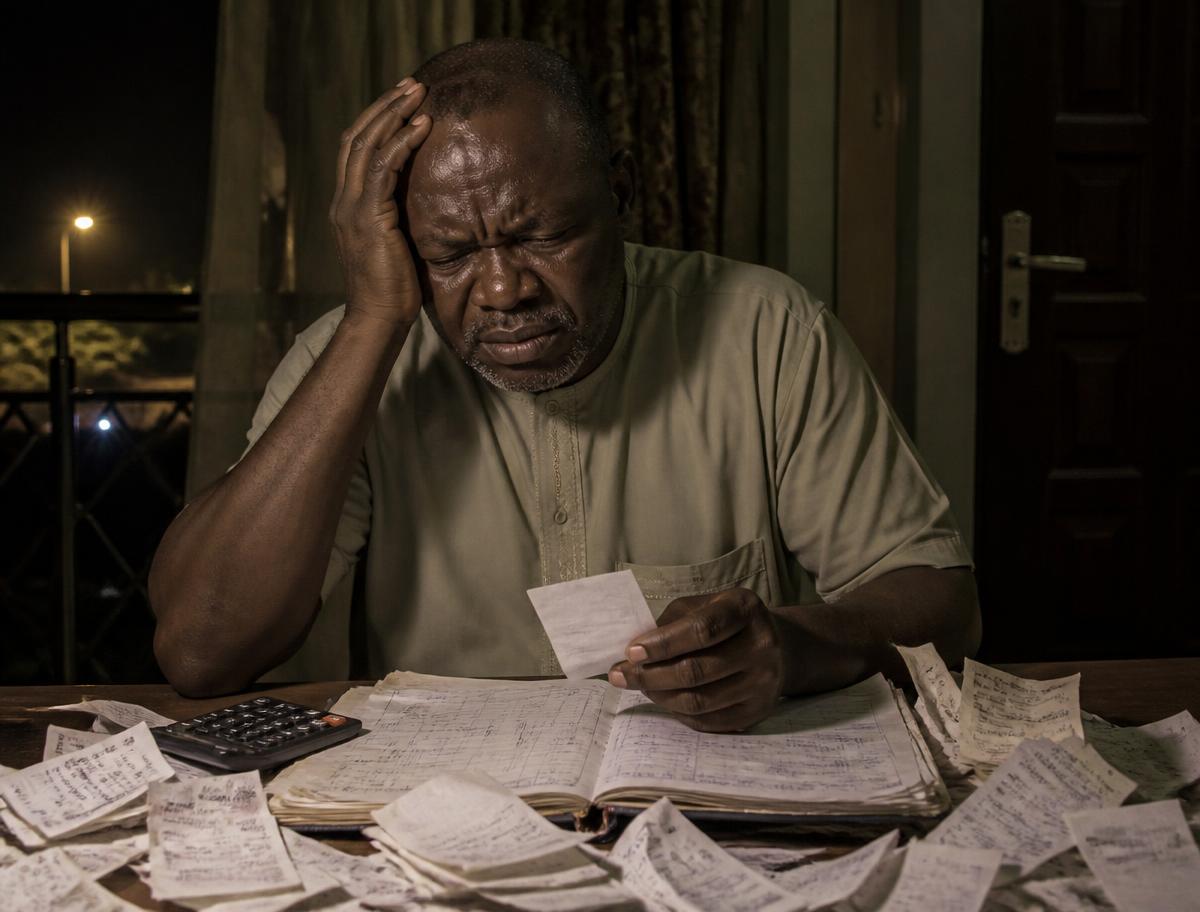 A stressed association secretary at night trying to reconcile paper receipts and a handwritten ledger